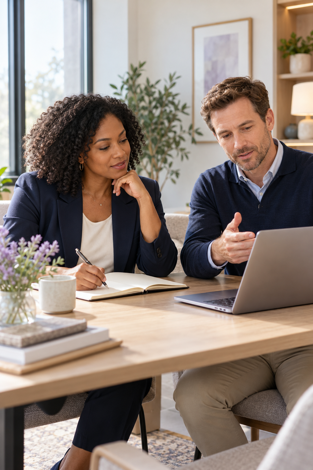 Illustrative scene of two professionals reviewing a notebook together